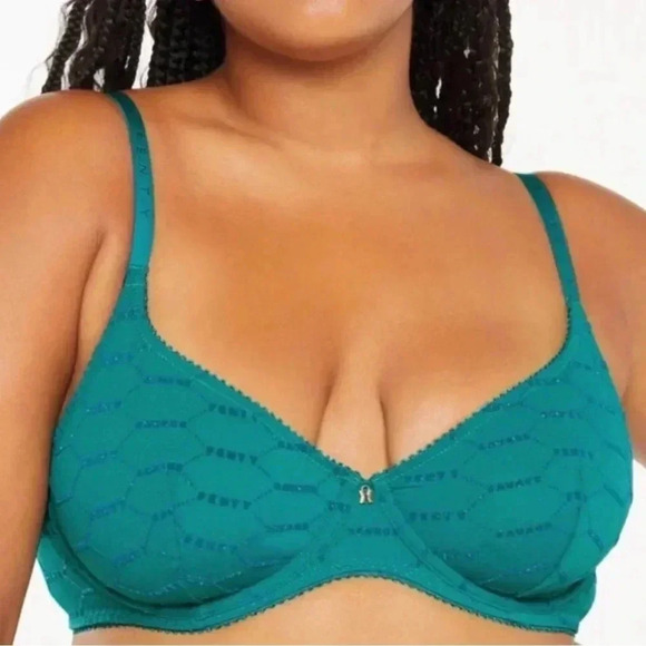 Savage X Fenty Shimmer Flocked Logo Unlined Bra in Deep Teal Green Shimmer - Picture 1 of 11